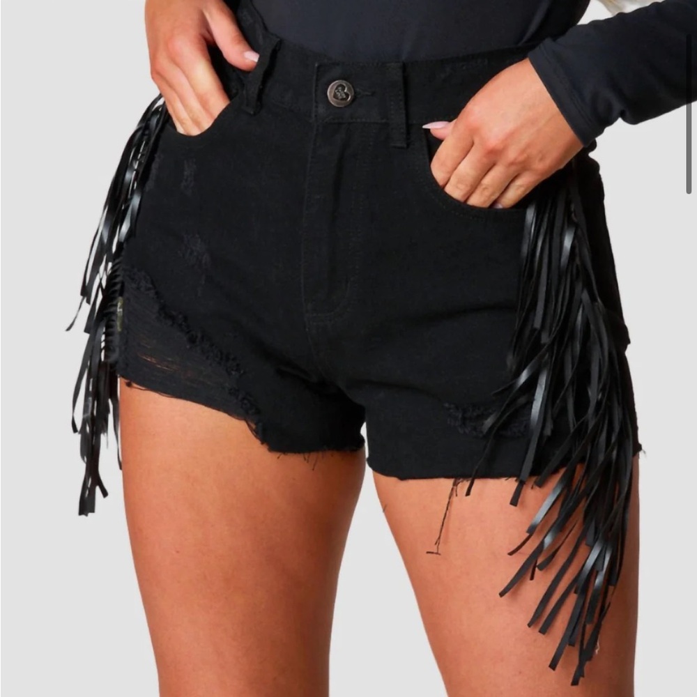 Black Fringe Denim Shorts